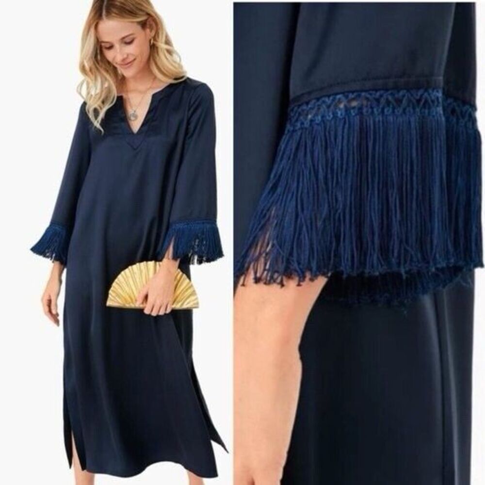 NWT Tuckernuck XXS Jamie Midi Dress Navy Blue Fringe Cuffs Wedding/Cocktail